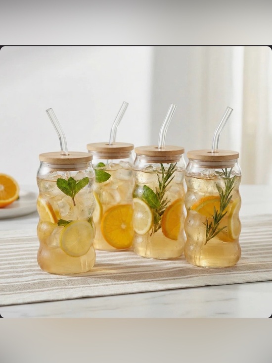 Other - NWT Lilly Ribbed Glass Sippers with Bamboo Lids and Glass straws, 18 oz Set of 4